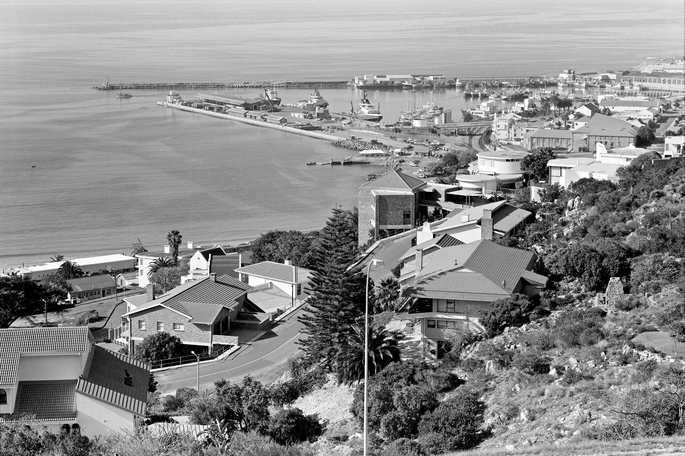 Overview of Mossel Bay, including the harbour and Santos Beach